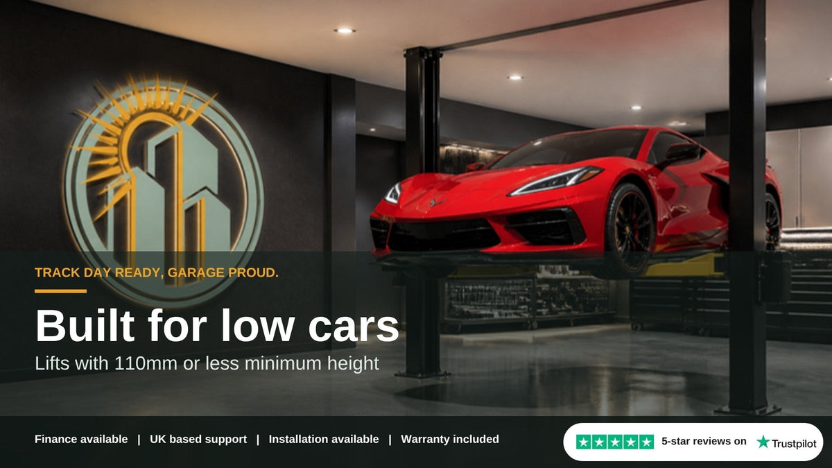 Lifts for low profile and sports cars banner: red sports car on a two post lift, 5-star reviews on Trustpilot