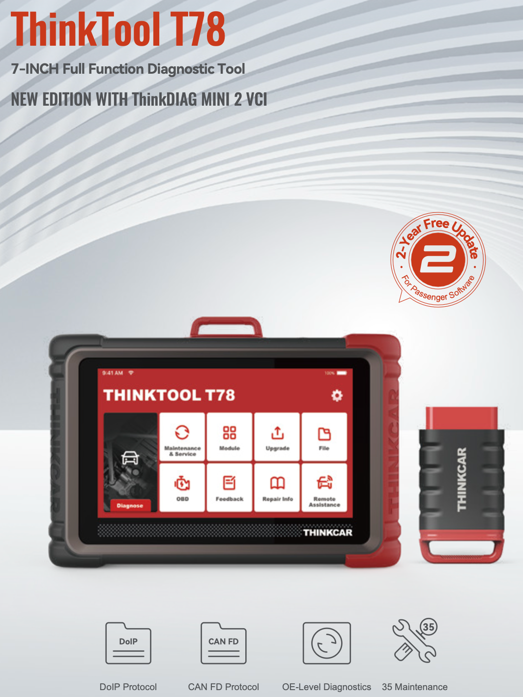 Thinkcar THINKTOOL T78, 7" Display, Bluetooth Diagnostic Tool TKT78