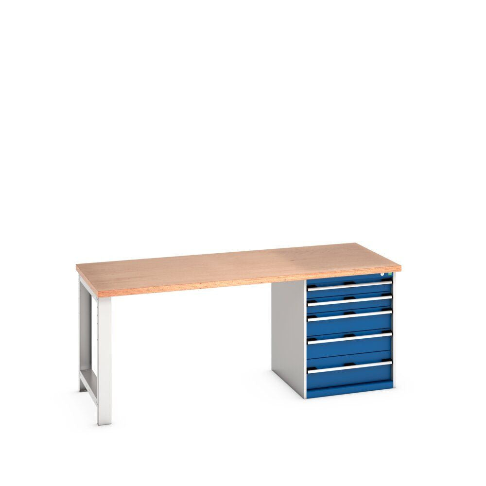 Bott Cubio Pedestal Bench (Multiplex) with 5 Drawer Cabinet / Endframe, 2000x900x840mm, gentian blue