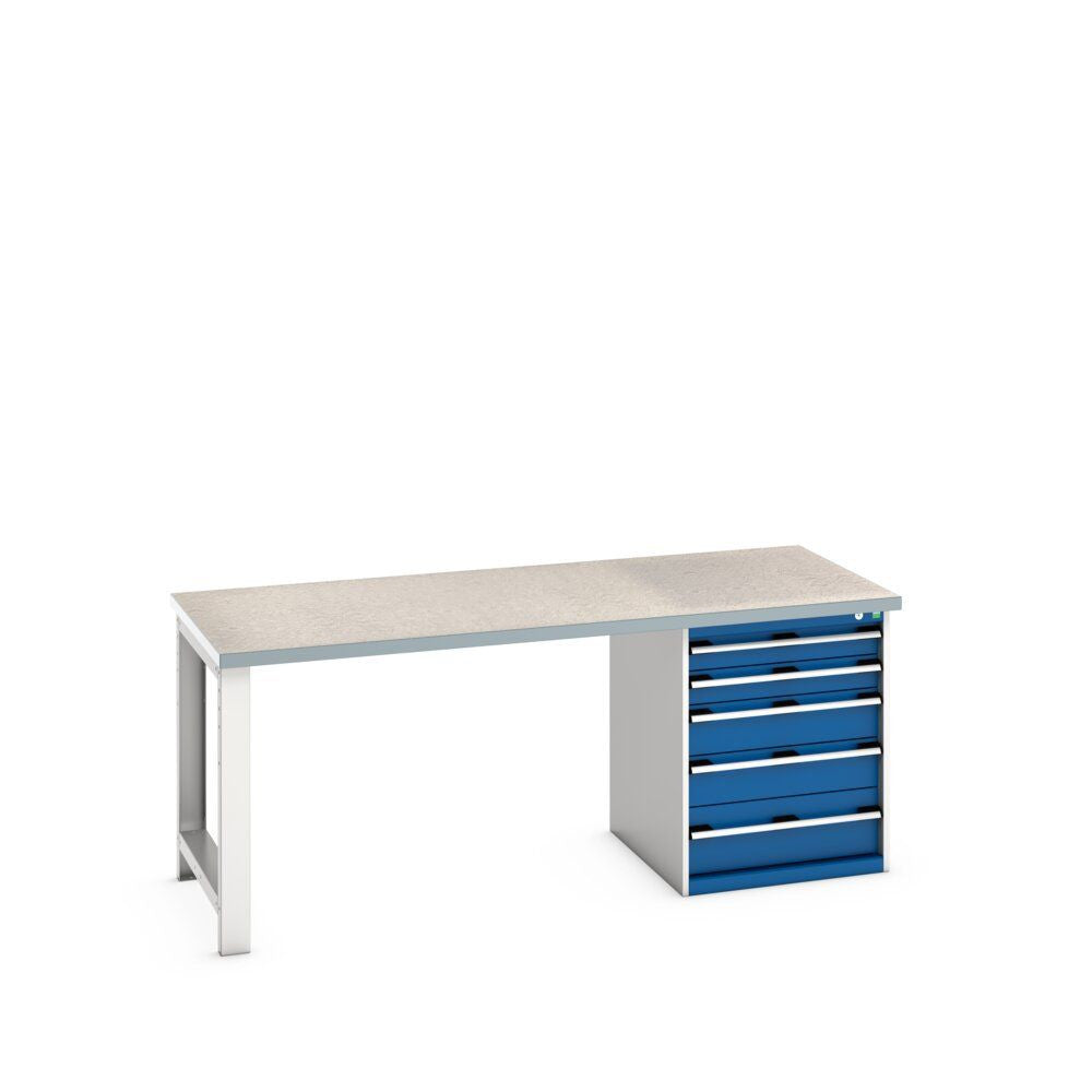 Bott Cubio Pedestal Bench (Lino) with 5 Drawer Cabinet / Endframe, 2000x900x840mm, gentian blue