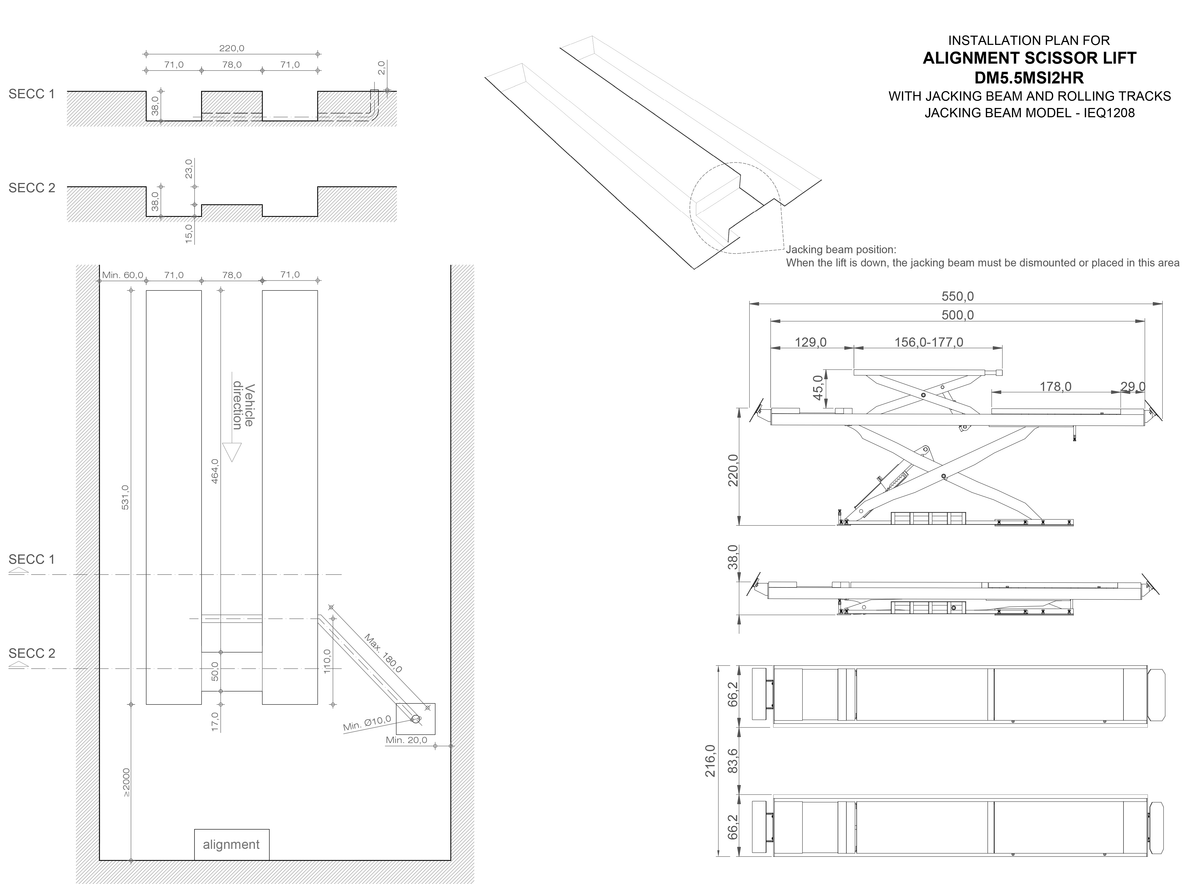 Dama 5.5T Wheel Alignment Scissor Lift with J-Beam Rails HDM55MSI2HR dimension drawing