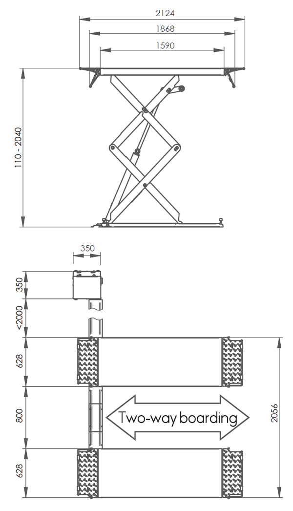 Dama 3.6T Electro Hydraulic Scissor Lift, Electro Hydraulic HDM36PRO dimension drawing