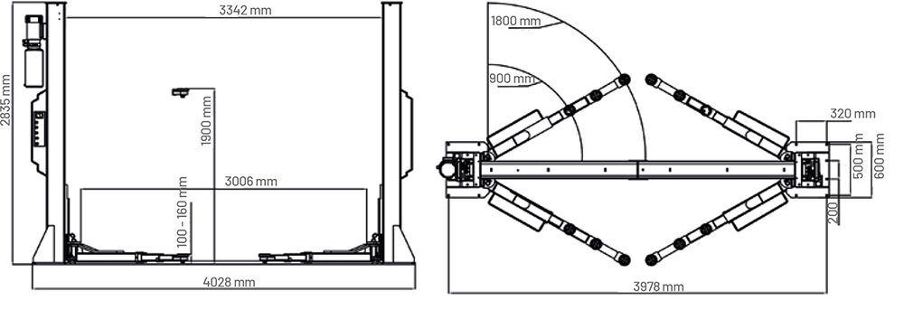 Dama Isotech 5T Semi-Base 2 Post Lift HIEQ1350 dimension drawing