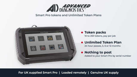 Advanced Diagnostics Smart Pro tokens and Unlimited Token Plans, token packs and 3, 6 or 12 month UTP loaded remotely to UK supplied Smart Pro