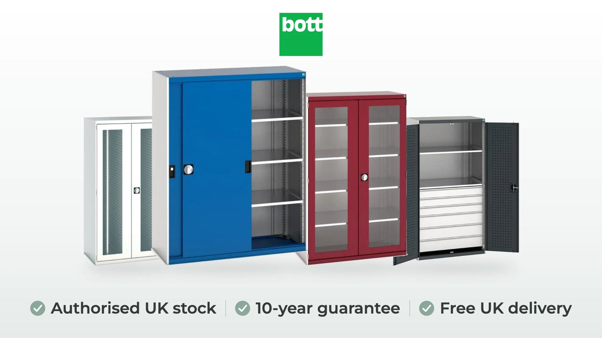 bott cubio cupboard in gentian blue, cubio cupboard in crimson red, cubio cupboard in anthracite grey and cubio cupboard in light grey. Authorised UK stock, 10-year guarantee, free UK delivery