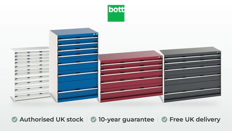 bott cubio drawer cabinet in gentian blue, cubio drawer cabinet in crimson red, cubio drawer cabinet in anthracite grey and cubio drawer cabinet in light grey. Authorised UK stock, 10-year guarantee, free UK delivery