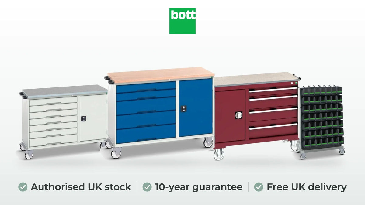 bott verso maintenance trolley in gentian blue, cubio maintenance trolley in crimson red, perfo panel trolley in anthracite grey and verso maintenance trolley in light grey. Authorised UK stock, 10-year guarantee, free UK delivery