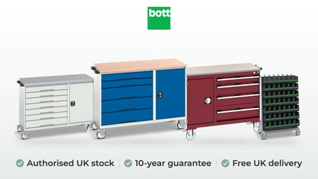 bott verso maintenance trolley in gentian blue, cubio maintenance trolley in crimson red, perfo panel trolley in anthracite grey and verso maintenance trolley in light grey. Authorised UK stock, 10-year guarantee, free UK delivery