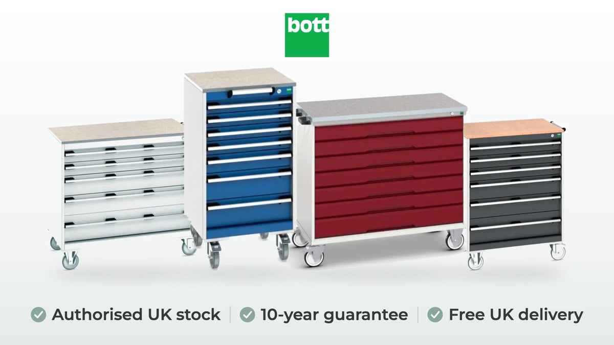 bott cubio mobile drawer cabinet in gentian blue, verso mobile drawer cabinet in crimson red, cubio mobile drawer cabinet in anthracite grey and cubio mobile drawer cabinet in light grey. Authorised UK stock, 10-year guarantee, free UK delivery