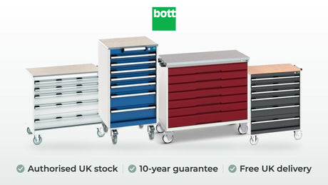 bott cubio mobile drawer cabinet in gentian blue, verso mobile drawer cabinet in crimson red, cubio mobile drawer cabinet in anthracite grey and cubio mobile drawer cabinet in light grey. Authorised UK stock, 10-year guarantee, free UK delivery