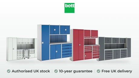 bott verso modular workshop in gentian blue, cubio modular workshop in crimson red, verso modular workshop in anthracite grey and cubio modular workshop in light grey. Authorised UK stock, 10-year guarantee, free UK delivery
