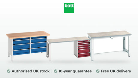 bott cubio pedestal bench in crimson red, cubio storage bench in gentian blue and cubio electric height adjustable bench. Authorised UK stock, 10-year guarantee, free UK delivery