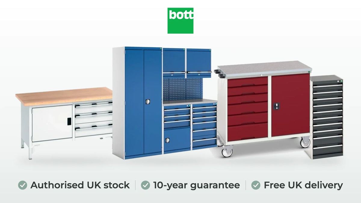 bott cubio modular workshop in gentian blue, verso maintenance trolley in crimson red, cubio drawer cabinet in anthracite grey and cubio storage bench in light grey. Authorised UK stock, 10-year guarantee, free UK delivery