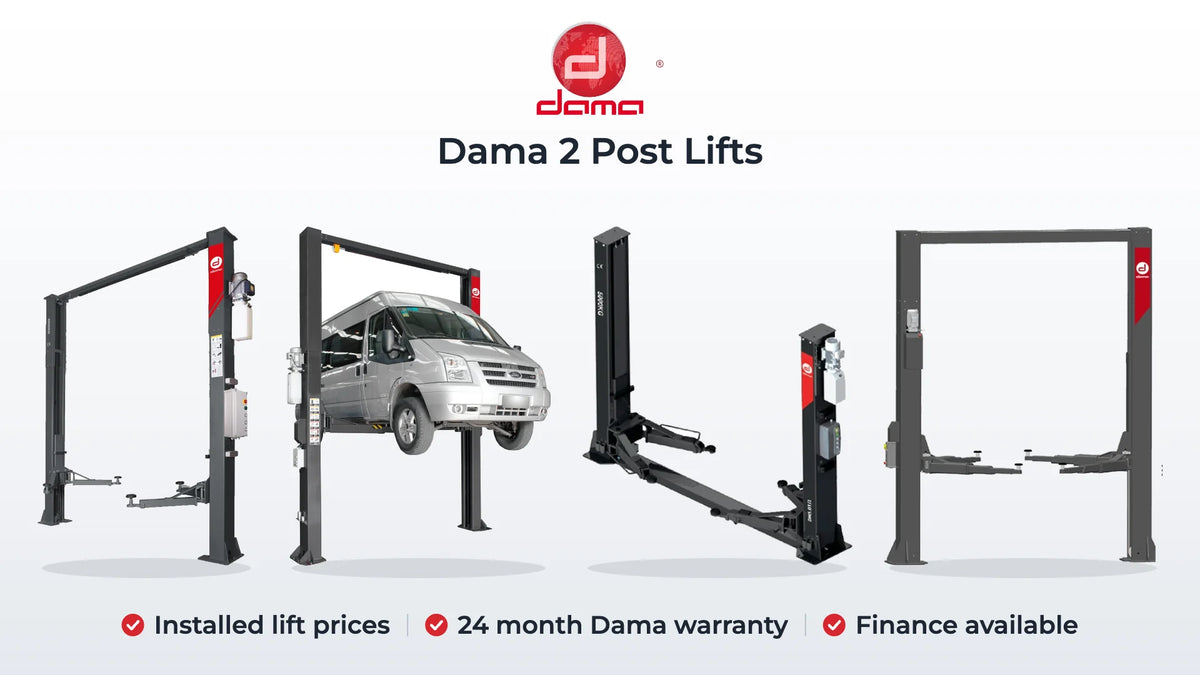 Dama HDM40TSB2 baseless, HDM60TSB3H gantry, HDM50T2 semi-base and HDM80TSB 8T gantry 2 post lifts. Installed lift prices, 24 month Dama warranty, Finance available