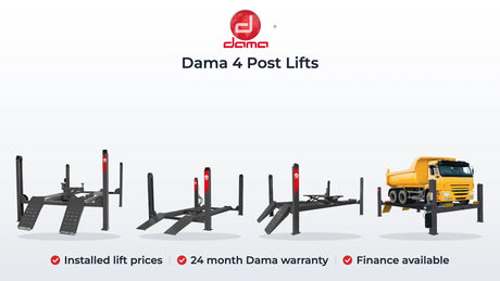 Dama HDM556000, HDM55F4 Premier, HDM5002SL with integral scissor and HDM135P4 heavy duty 4 post lifts. Installed lift prices, 24 month Dama warranty, Finance available