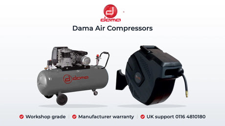 Dama HDAC27075 270L piston compressor and HDA5015A 15m air hose reel. Workshop grade, Manufacturer warranty, UK support 0116 4810180