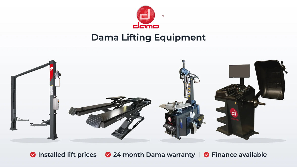 Dama HDM40TSB2 2 post lift, HDM55MSI2H wheel alignment scissor lift, HDM189HPD tyre changer and HDMB81 wheel balancer. Installed lift prices, 24 month Dama warranty, Finance available
