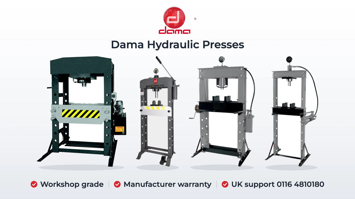Dama HDA2421 150T and HDA2121 30T hydraulic presses with HDA2020 50T and HDA2018 20T industrial presses. Workshop grade, Manufacturer warranty, UK support 0116 4810180