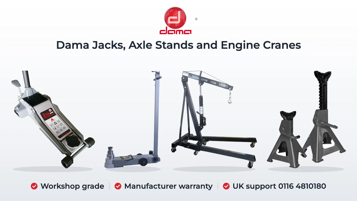 Dama HT830030PRO trolley jack, HS403JQL pneumatic jack, HDA2022 engine crane and HDA2126 ratchet axle stands. Workshop grade, Manufacturer warranty, UK support 0116 4810180