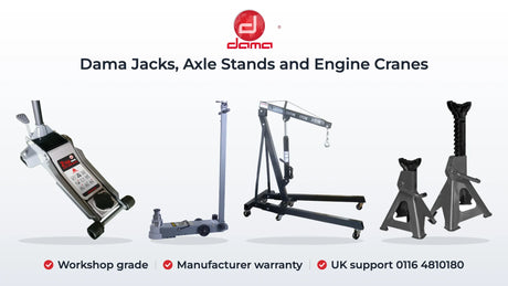 Dama HT830030PRO trolley jack, HS403JQL pneumatic jack, HDA2022 engine crane and HDA2126 ratchet axle stands. Workshop grade, Manufacturer warranty, UK support 0116 4810180