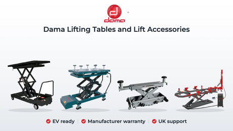 Dama HDM1500 and HDM1200MK2 lifting tables, IEQ1208 air jacking beam and HDM30MB quick pull mini bench. EV ready, Manufacturer warranty, UK support