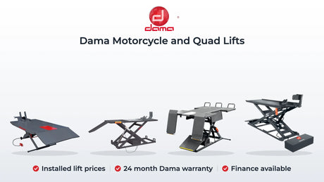 Dama HDM05MN, HDM10M, HDM1000UTV and HDM500M motorcycle, quad and UTV lifts. Installed lift prices, 24 month Dama warranty, Finance available