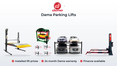Dama HDM30PA, HDM3NP 3 level, HDM400PL double and HDM10YP single post parking lifts. Installed lift prices, 24 month Dama warranty, Finance available