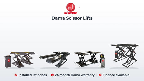 Dama HDM30 full height, HDM55MSI2H wheel alignment, HDM35MV mobile and HDM36PRO scissor lifts. Installed lift prices, 24 month Dama warranty, Finance available
