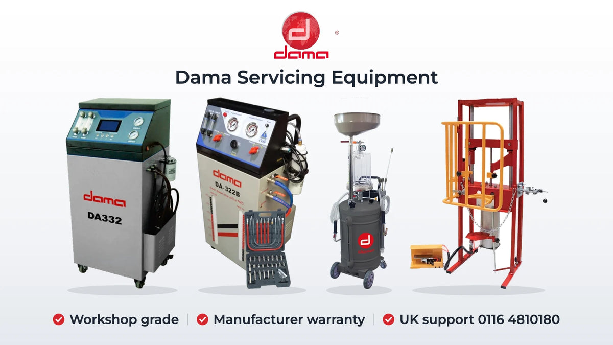 Dama HDA332 and HDA322B ATF stations, HDA0080 oil drainer and HDA2097 spring compressor. Workshop grade, Manufacturer warranty, UK support 0116 4810180