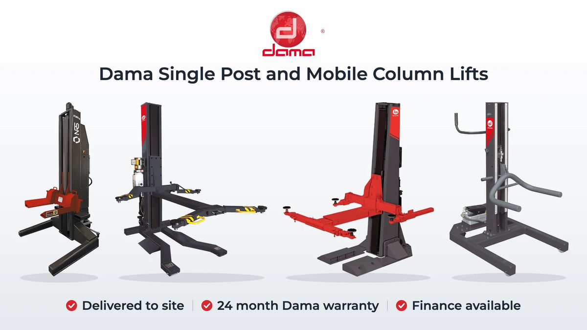 Dama HDM8500 wireless mobile column lift, HDM25Y mobile and HDM35F fixed single post lifts and HDM136L single wheel side lift. Delivered to site, 24 month Dama warranty, Finance available