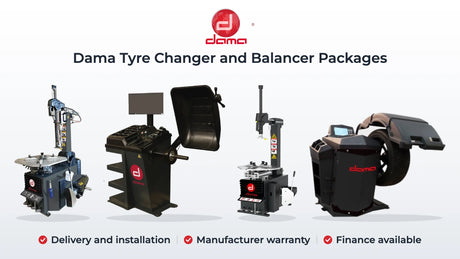 Dama tyre changer and wheel balancer package showing HDM189HPD and HDM186TID changers with HDMB81 and HDMB3020B balancers. Delivery and installation, Manufacturer warranty, Finance available