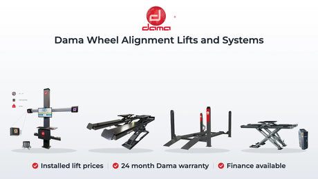 Dama HDMA3D3000 3D wheel aligner, HDM55MSI2H and HDM50MSE alignment scissor lifts and HDM55F4 4 post lift. Installed lift prices, 24 month Dama warranty, Finance available