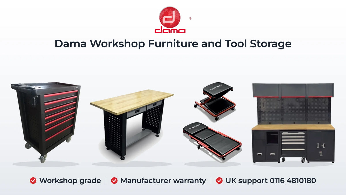 Dama HDA2110 tool cabinet, HDA1201 workbench, HDA2033 convertible creeper and HDA1210KIT workshop furniture set. Workshop grade, Manufacturer warranty, UK support 0116 4810180