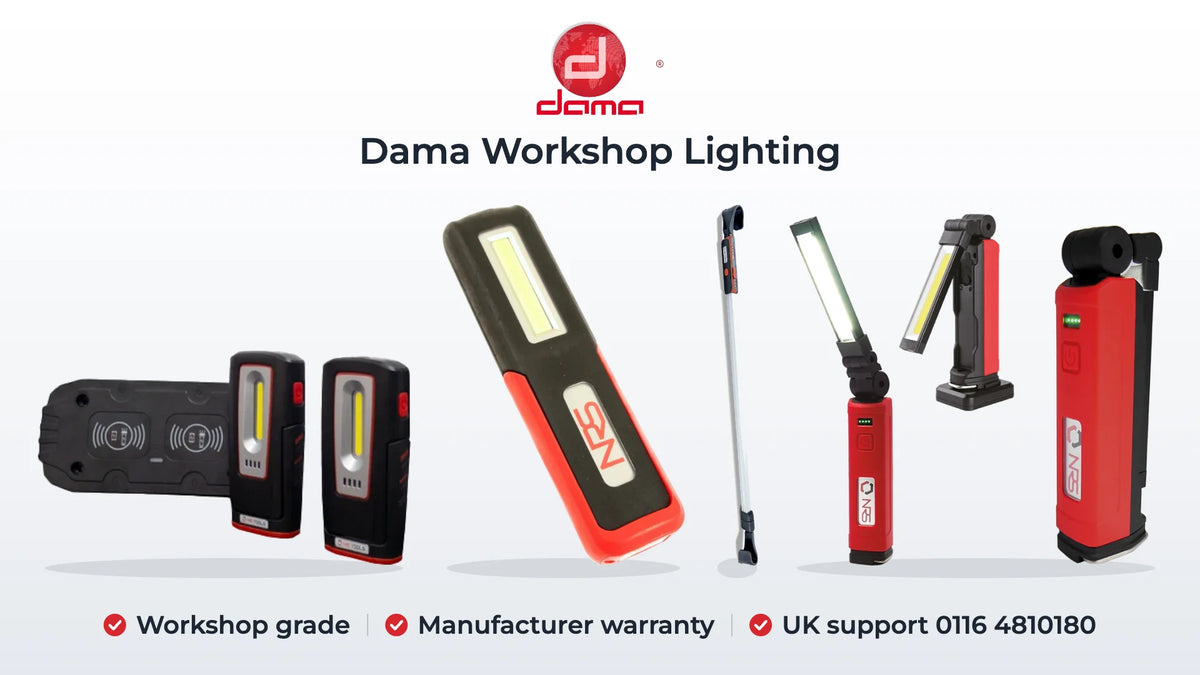 Dama HDA4010 wireless induction lights, HDA4002 hand lamp, HDA4008 bonnet lamp and HDA4004S folding work light. Workshop grade, Manufacturer warranty, UK support 0116 4810180