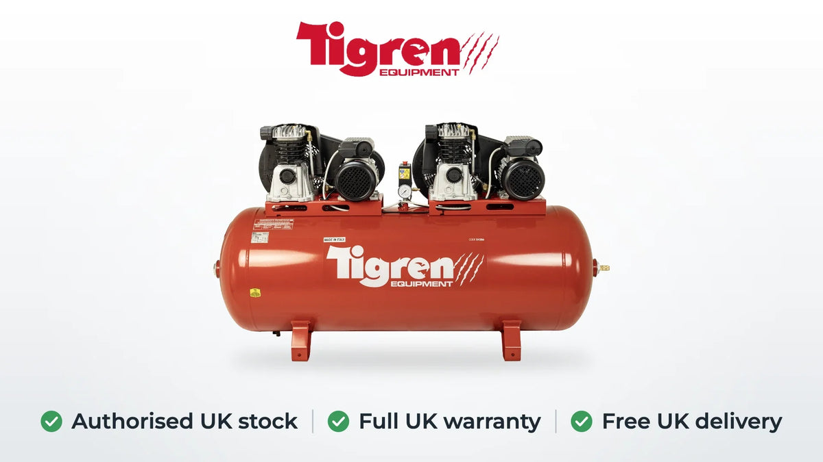 TIGREN 270ltr tandem belt-driven compressor from SIP. Authorised UK stock, full UK warranty, free UK delivery