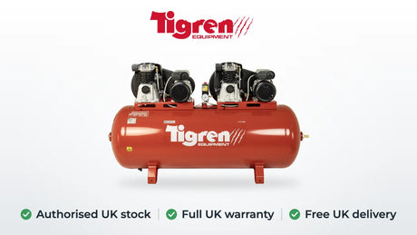 TIGREN 270ltr tandem belt-driven compressor from SIP. Authorised UK stock, full UK warranty, free UK delivery