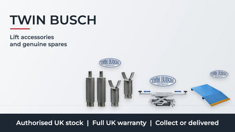 Twin Busch lift accessories: heavy line lifting adapters, axle free jack and scissor lift ramp. Authorised UK stock, full UK warranty, collect or delivered.