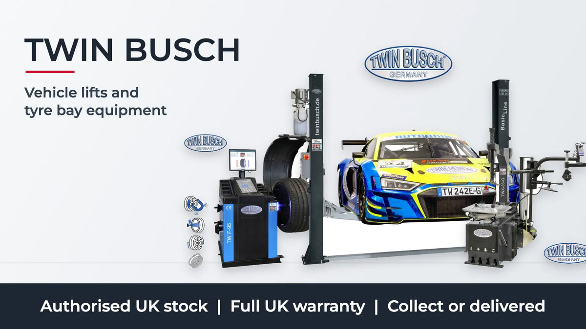 Twin Busch TW242E-G two post lift, TW F-95 wheel balancer and TWX-36-G tyre changer. Authorised UK stock, full UK warranty, collect or delivered.