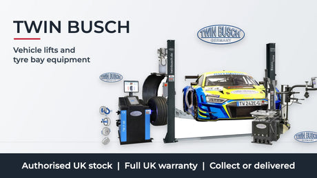 Twin Busch TW242E-G two post lift, TW F-95 wheel balancer and TWX-36-G tyre changer. Authorised UK stock, full UK warranty, collect or delivered.