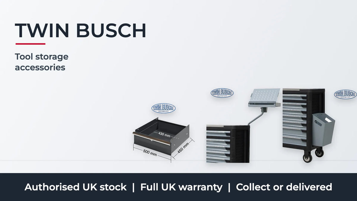 Twin Busch tool storage accessories: lockable workbench drawer, trolley computer stand and 25 litre trolley waste bin. Authorised UK stock, full UK warranty, collect or delivered.