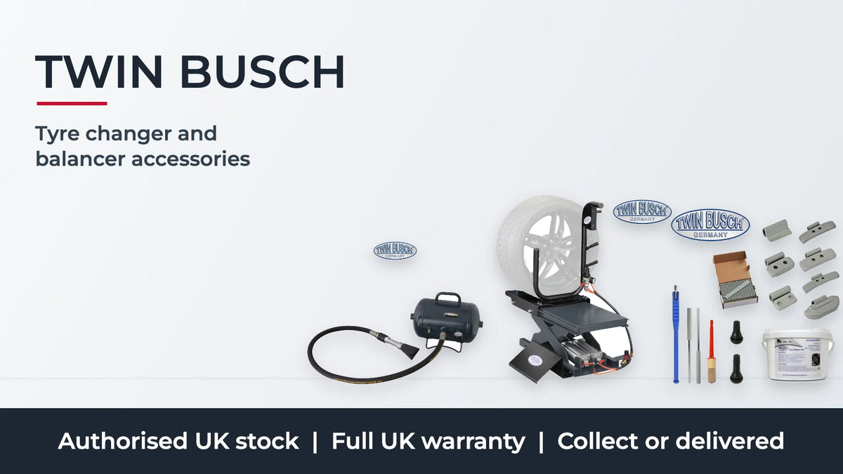 Twin Busch tyre and balancer accessories: air booster bead seater, pneumatic wheel lift and tyre fitting starter pack. Authorised UK stock, full UK warranty, collect or delivered.