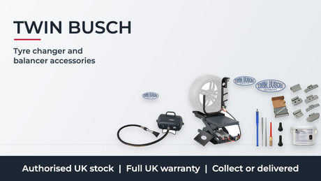Twin Busch tyre and balancer accessories: air booster bead seater, pneumatic wheel lift and tyre fitting starter pack. Authorised UK stock, full UK warranty, collect or delivered.
