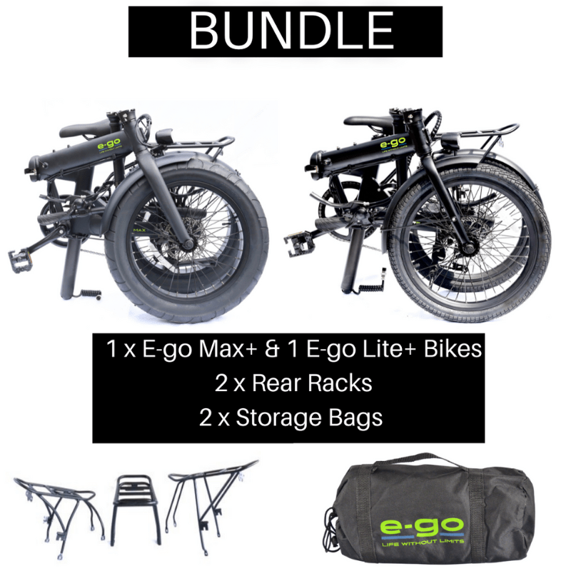 E-Go Max+ and Lite+ Electric Folding Bike Bundle w/Rear Racks and Storage Bags 250W SKU EGO-9