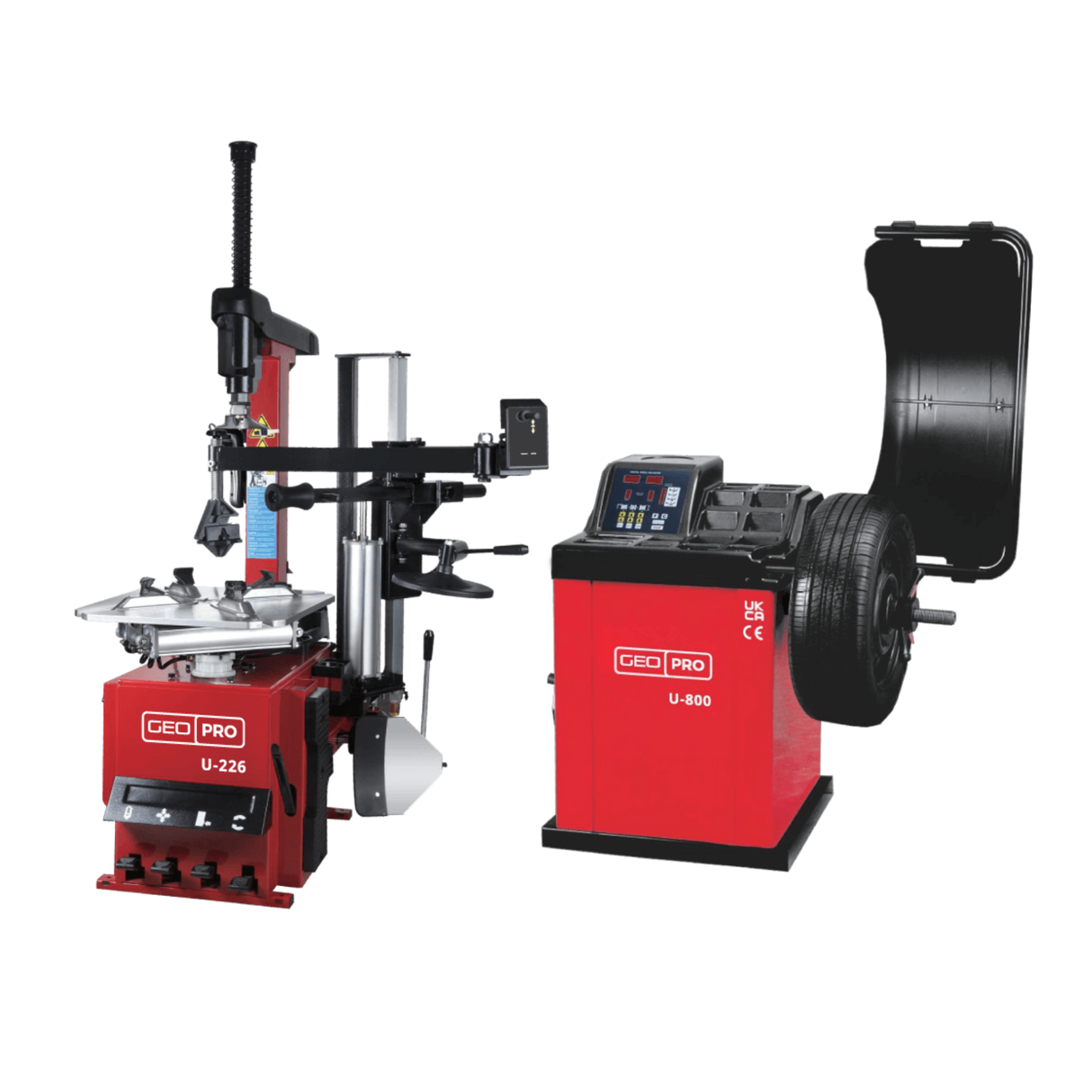 GEO U226 Pneumatic Tilt Back, Automatic Tyre Machine, PRO U800 Semi Automatic Wheel Balancer Combos SKU GEO212.GEO277