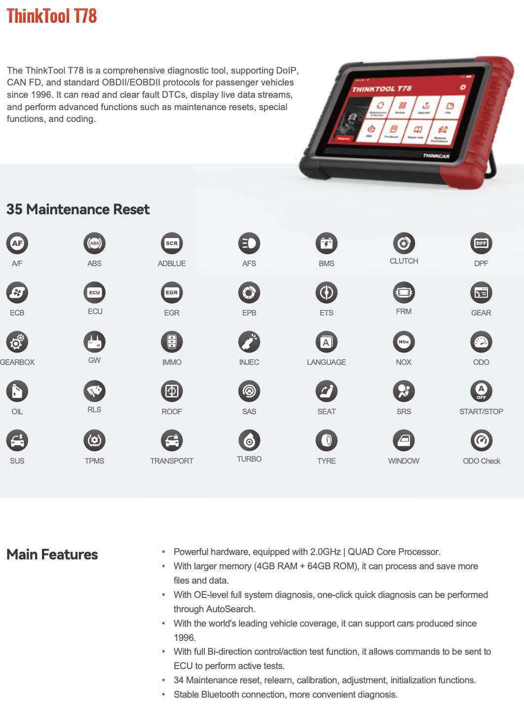Thinkcar THINKTOOL T78, 7" Display, Bluetooth Diagnostic Tool TKT78