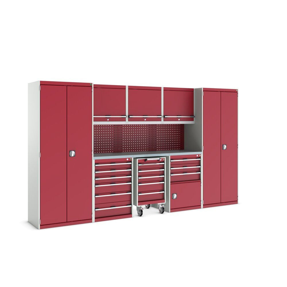 Bott Cubio Modular Workshop with 5x Cupboards, 3x Cabinets, 3550x565x2000mm, crimson red