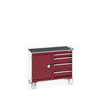 Bott Cubio Maintenance Trolley (Top Tray) 525/525 with Cupboard / 4 Drawers, 1050x525x885mm, crimson red