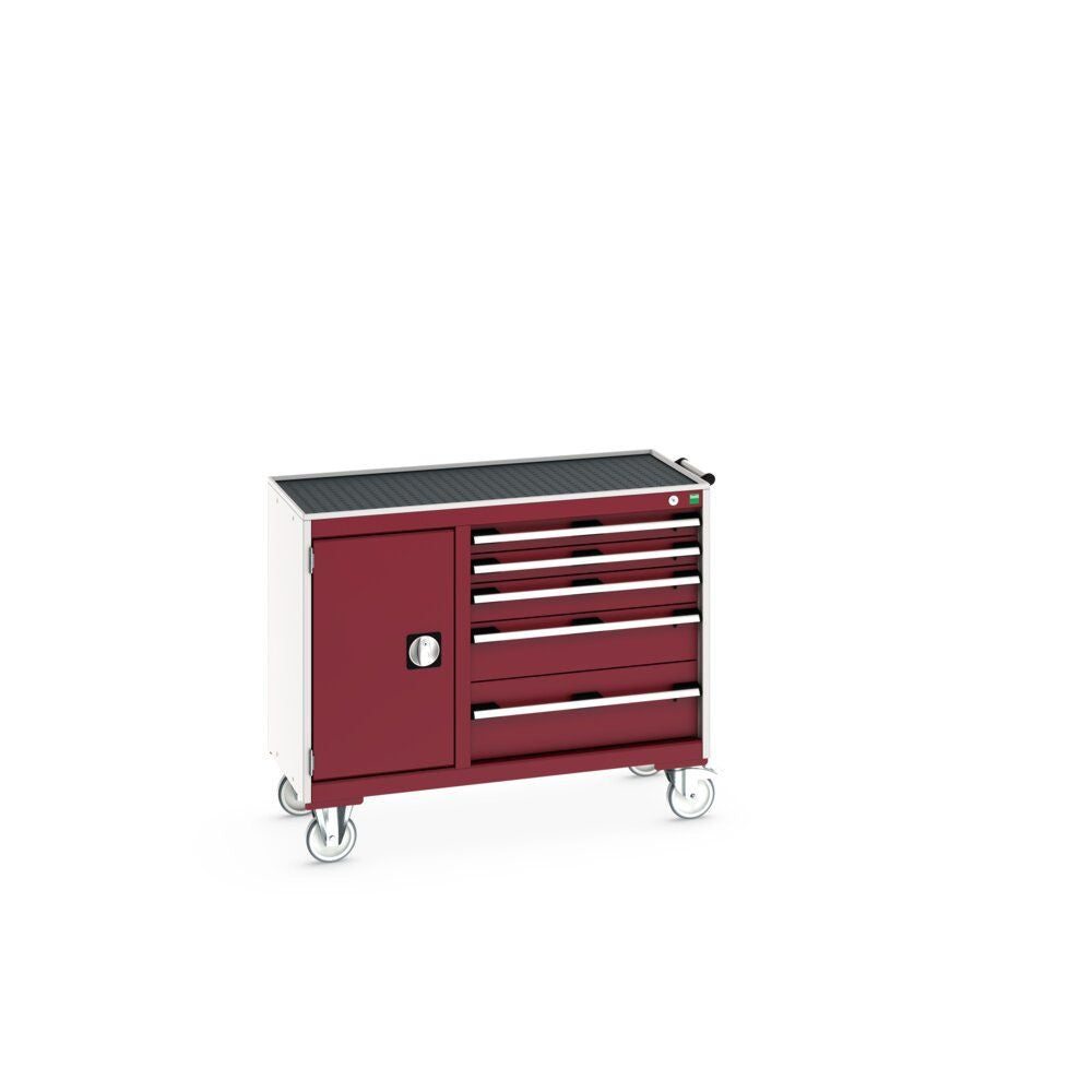 Bott Cubio Maintenance Trolley (Top Tray) 400/650 Wide, Full Cupboard / 5 Drawer, 1050x525x885mm, crimson red