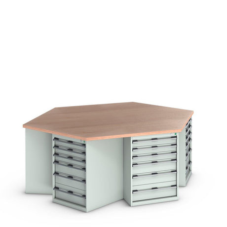 Bott Cubio Pedestal Island Bench (Multiplex) Hexagonal, with 6x 6 Drawer Cabinets, 2500x2165x940mm, light grey