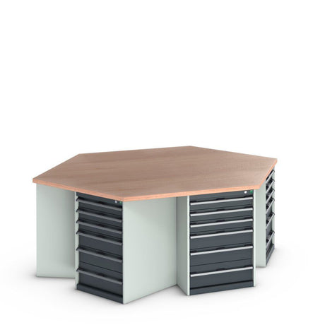 Bott Cubio Pedestal Island Bench (Multiplex) Hexagonal, with 6x 6 Drawer Cabinets, 2500x2165x940mm, anthracite grey